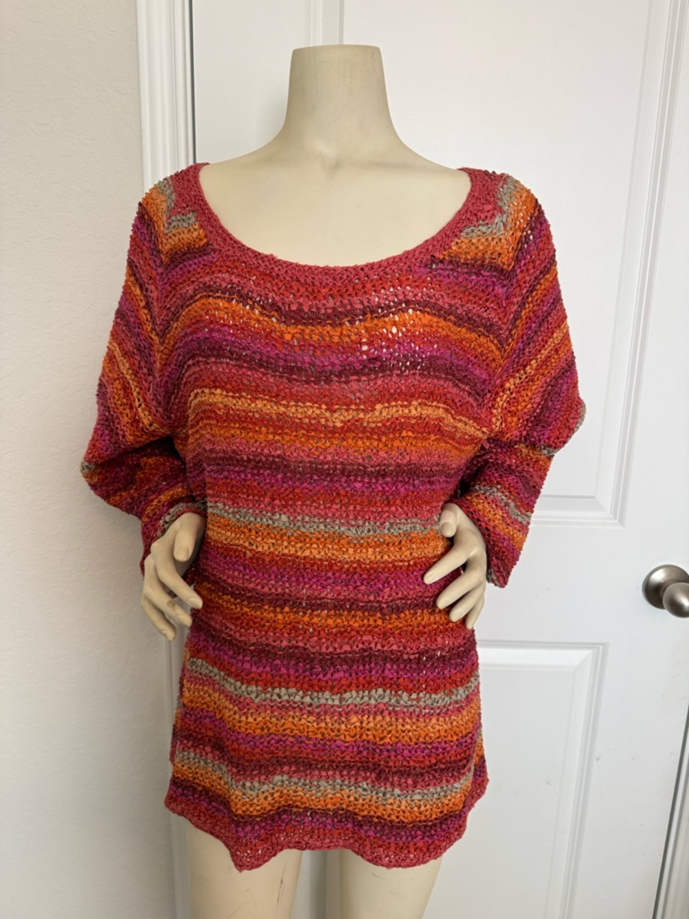 Sigrid Olsen 100% Silk Pink, Red, & Orange Loose Weave Long Sleeve Tunic Sweater